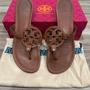 Tory Burch Brown Leather Logo Thong Sandals